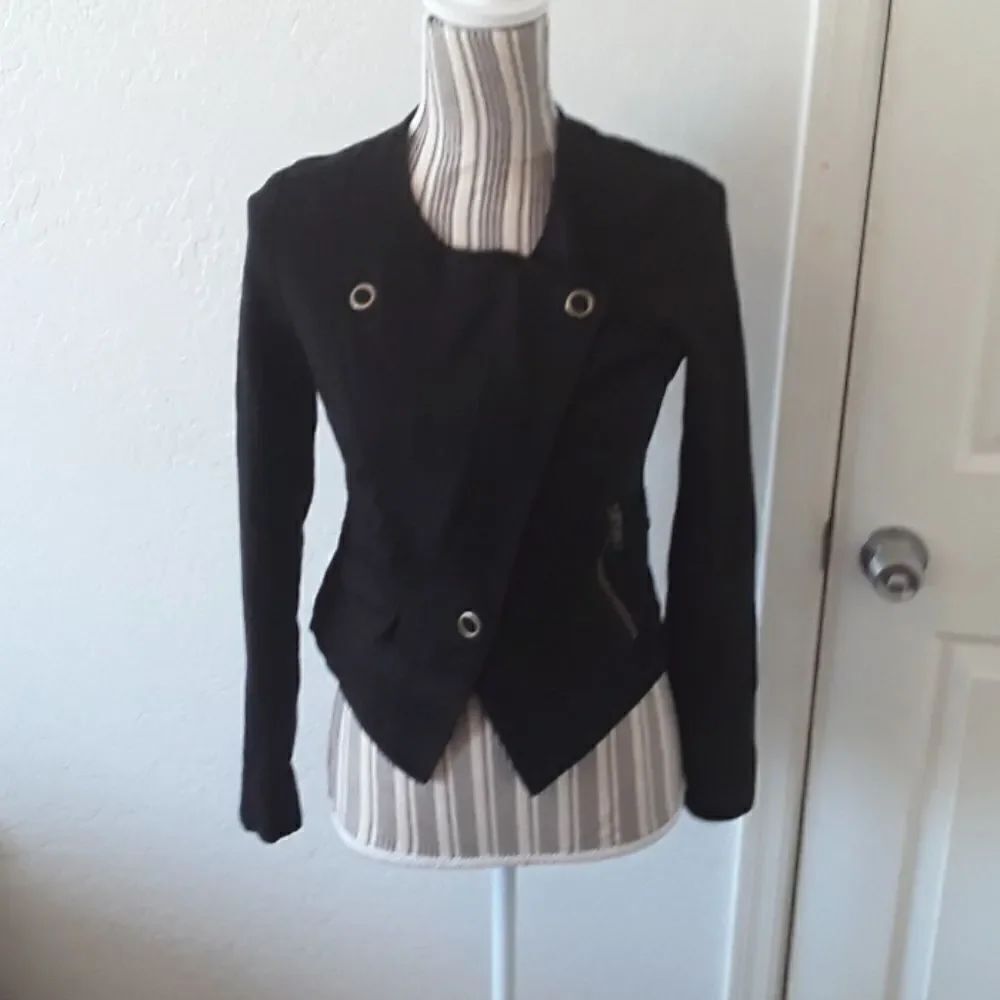 Cabi Black Zip Up Button Fitted Jacket Chic Timeless Classic Office Event